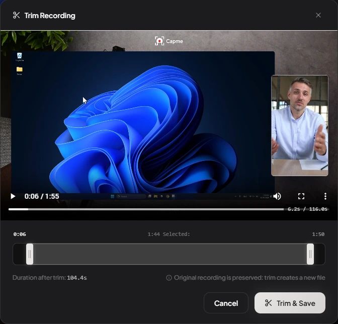 Capme built-in video trimmer