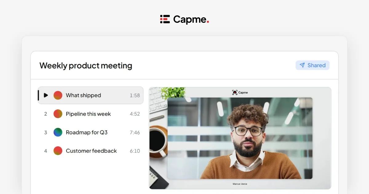 A Capme meeting: the agenda on the left, the recording for the first topic on the right